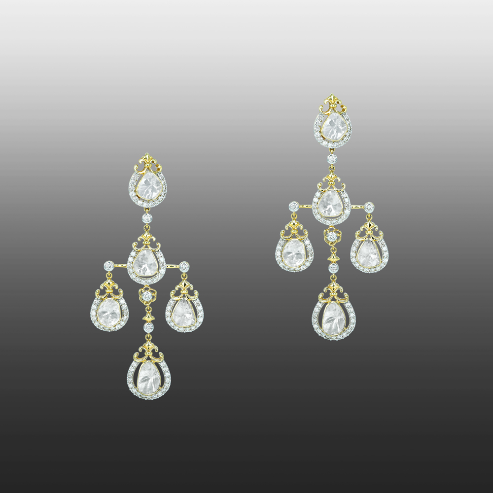 Cascading Polki Diamond Earrings with Delicate Halo Design
